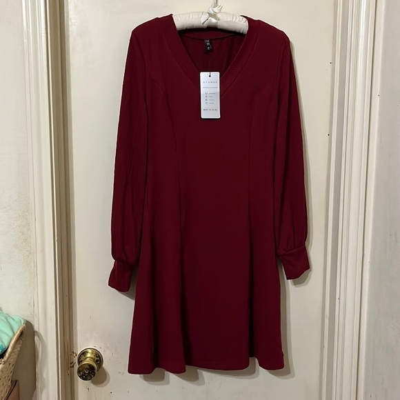V Neck Long Sleeve Sweater Dress Latern Sleeve Knit Flowy Short Mini Skater S - Picture 1 of 5